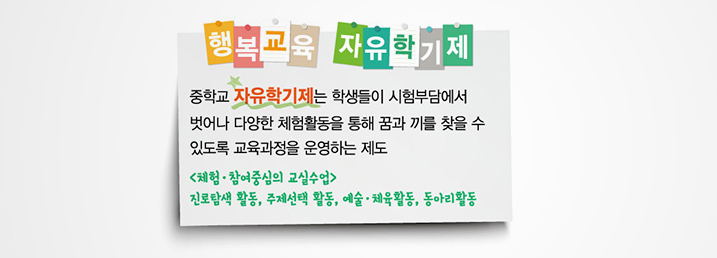 행복교육 자유학기제 중학교 자유 학기제는 학생들이 시험부담에서 벗어나 다양한 체험활동을 통해 꿈과 끼를 찾을 수 있도록 교육과정을 운영하는 제도